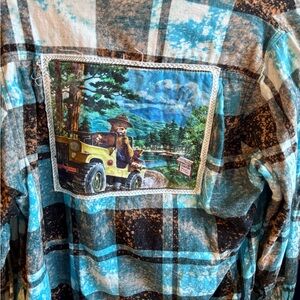 Angry Minnow Flannel Blue Plaid Shirt with Smokey the Bear on back